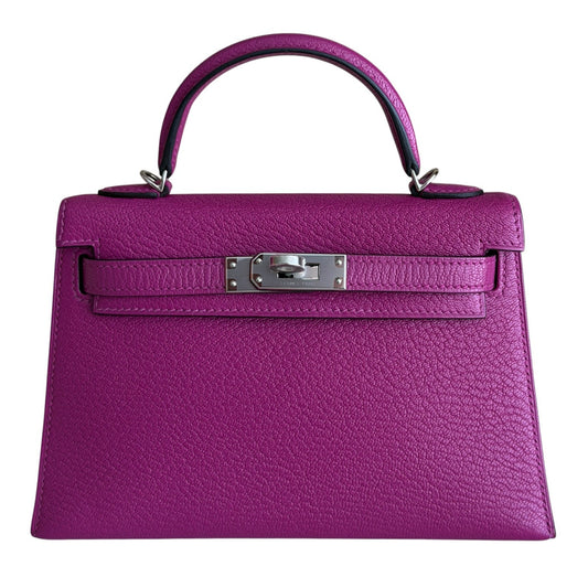 Hermes Kelly Mini 20 Rose Pourpre Pink Purple Chevre Leather Palladium Hardware