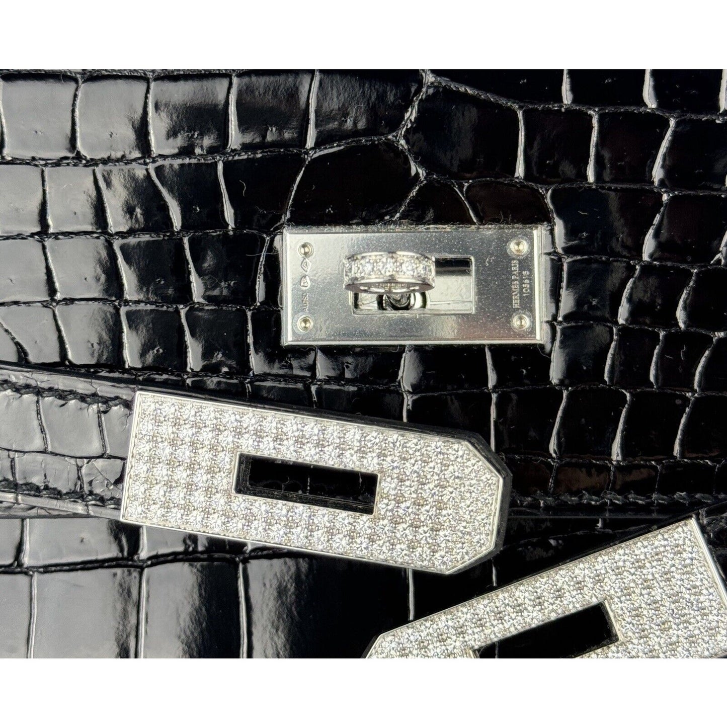 Hermes Kelly 35 Diamond Black Shinny Porosus Crocodile 18k White Gold Hardware