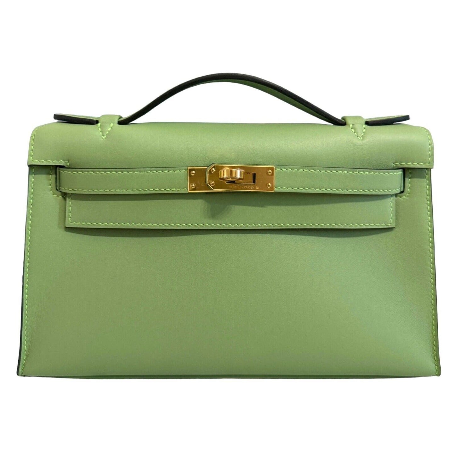 Brand New Hermes Kelly Pochette Vert Criquet Green Bag Palladium Hardware Clutch