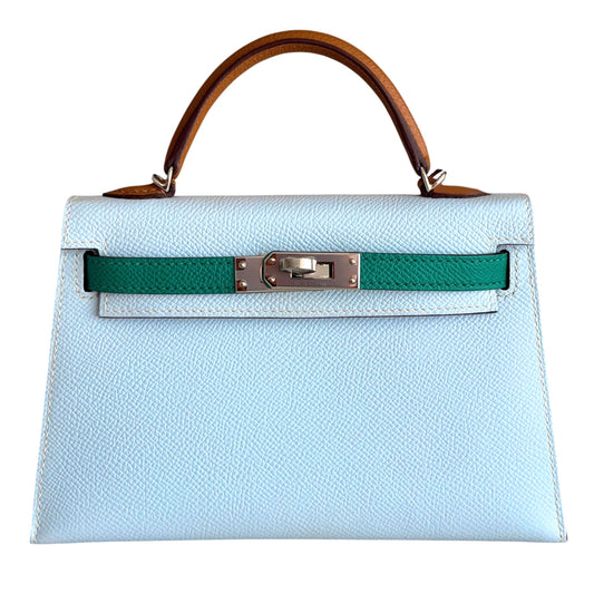 Hermes Mini Kelly Tri Color Blue Brume, Vert Jade, Gold Epsom Palladium Hardware