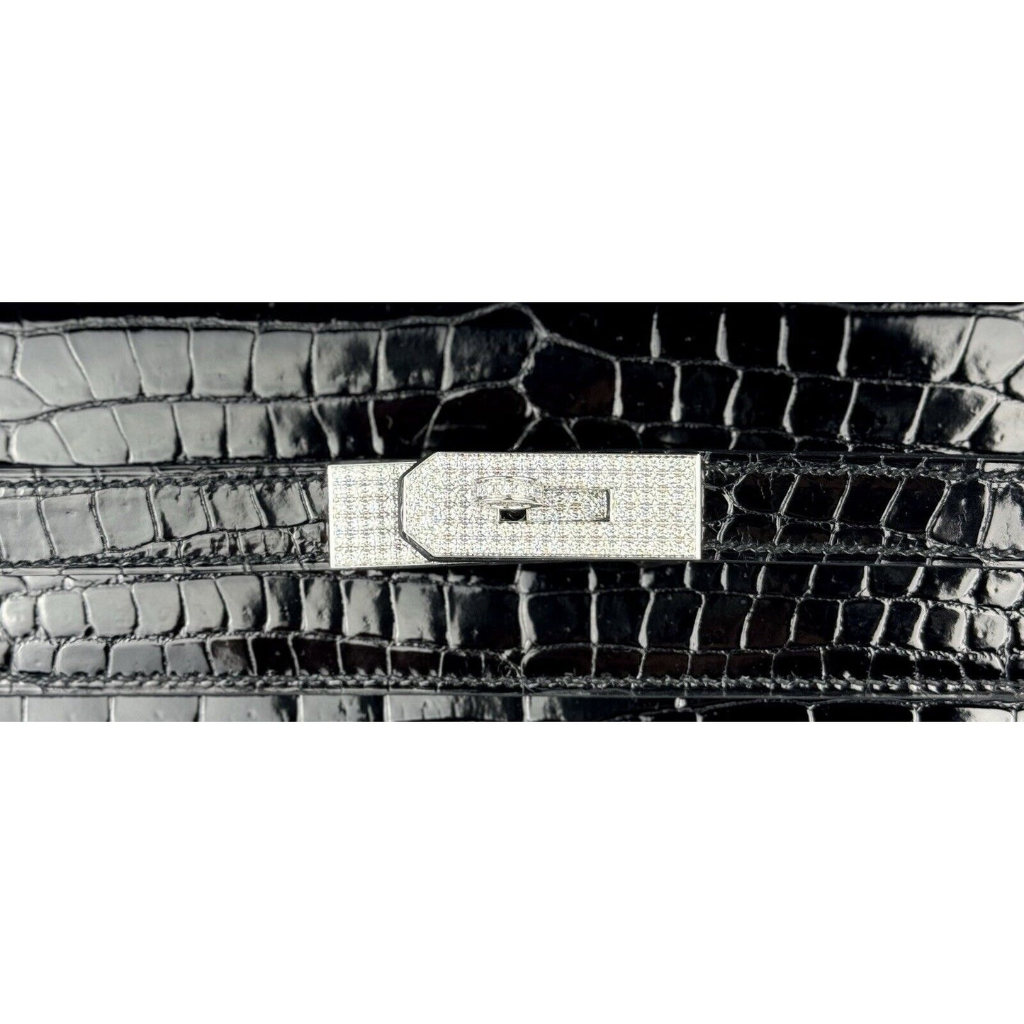 Hermes Kelly 35 Diamond Black Shinny Porosus Crocodile 18k White Gold Hardware