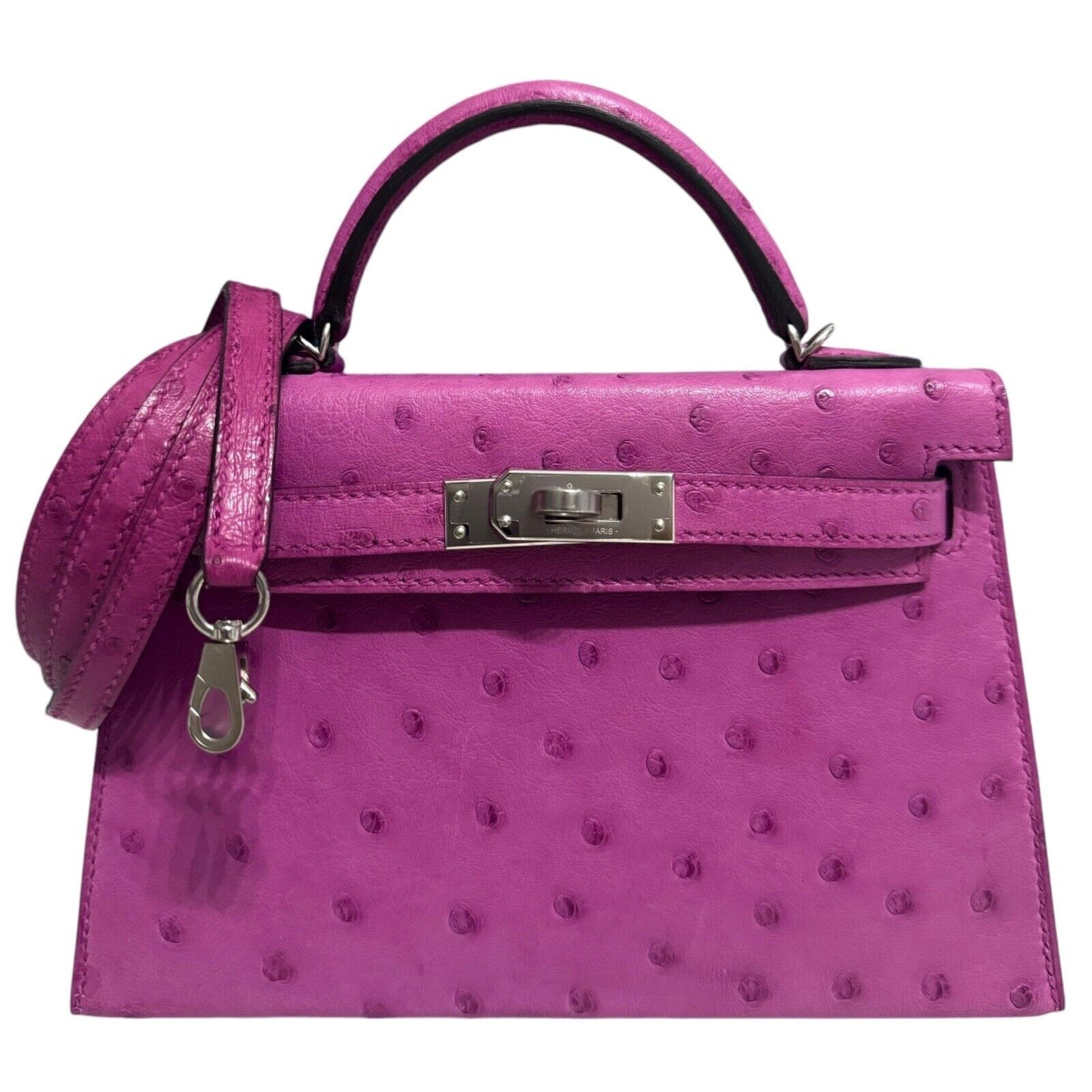 Hermes Kelly Mini 20 Rose Pourpre Purple Pink Ostrich Leather Palladium Hardware