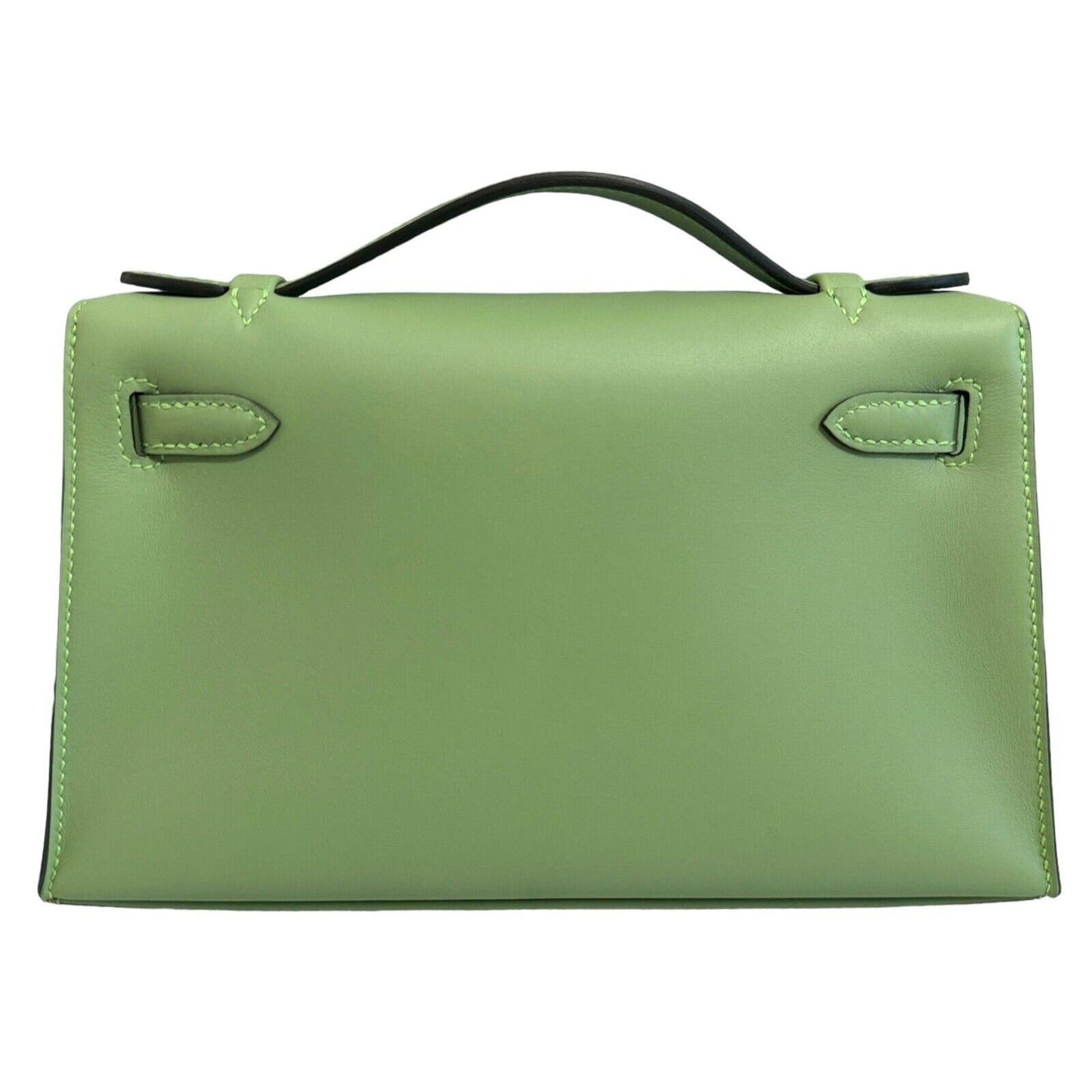 Brand New Hermes Kelly Pochette Vert Criquet Green Bag Palladium Hardware Clutch