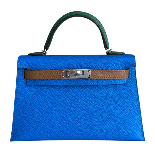 Hermes Mini Kelly Tri Color Blue Hydra, Vert Moyen, Alezan Epsom Palladium