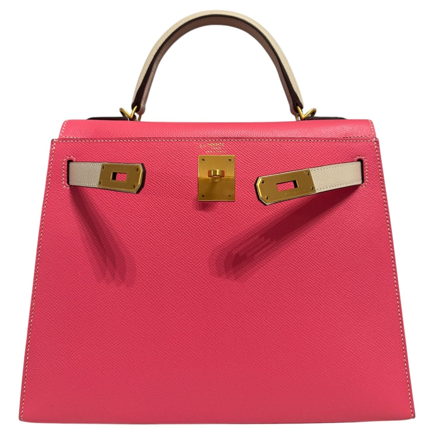 Hermes Kelly 28 Sellier Special Order Pink Rose Azalee Craie White Brushed Gold Hardware