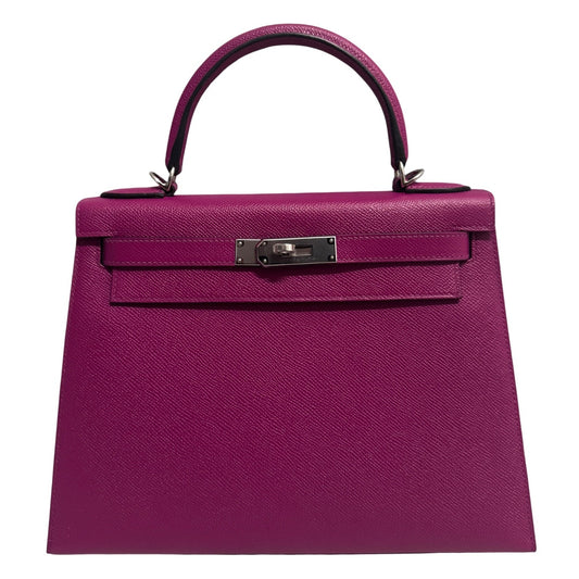 Hermes Kelly 28 Sellier Rose Pourpre Pink Purple Epsom Leather Palladium