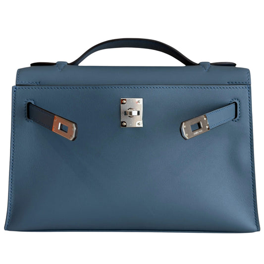 Hermes Kelly Mini Pochette Blue Tempete Leather Palladium Hardware NEW 2026 RARE