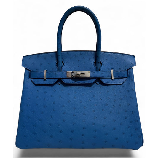 Hermes Birkin 30 Ostrich Blue Mykonos Leather Palladium Hardware RARE