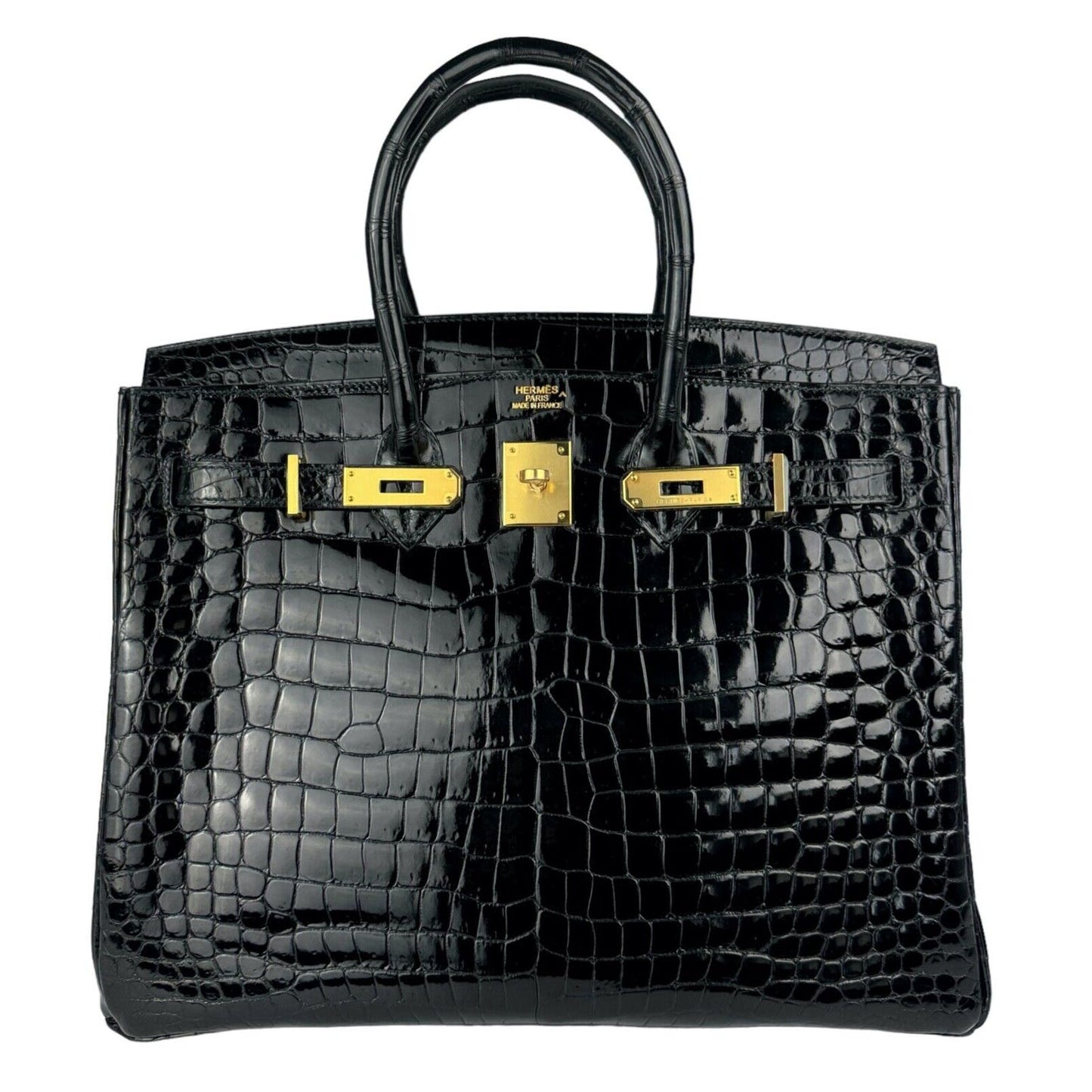 Hermes Birkin 35 Black Noir Crocodile Shinny Porosus Leather Gold Hardware