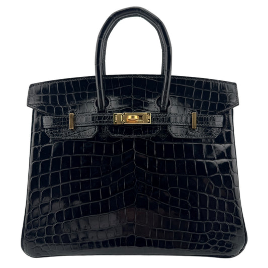 Hermes Birkin 25 Black Noir Niloticus Crocodile Leather Gold Hardware
