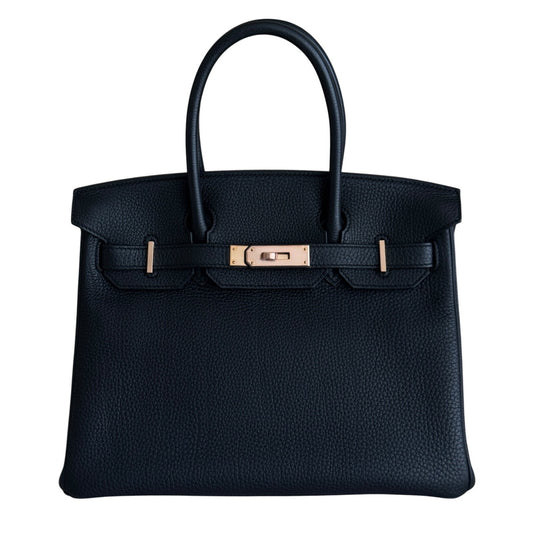 Hermes Birkin 30 Black Noir Togo Leather Rose Gold Hardware Handbag RARE