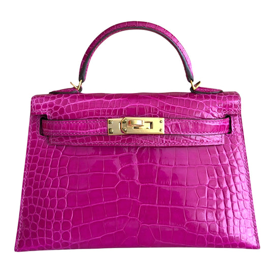 Hermes Kelly Mini 20 Shinny Alligator Leather Rose Scheherazade Gold Hardware