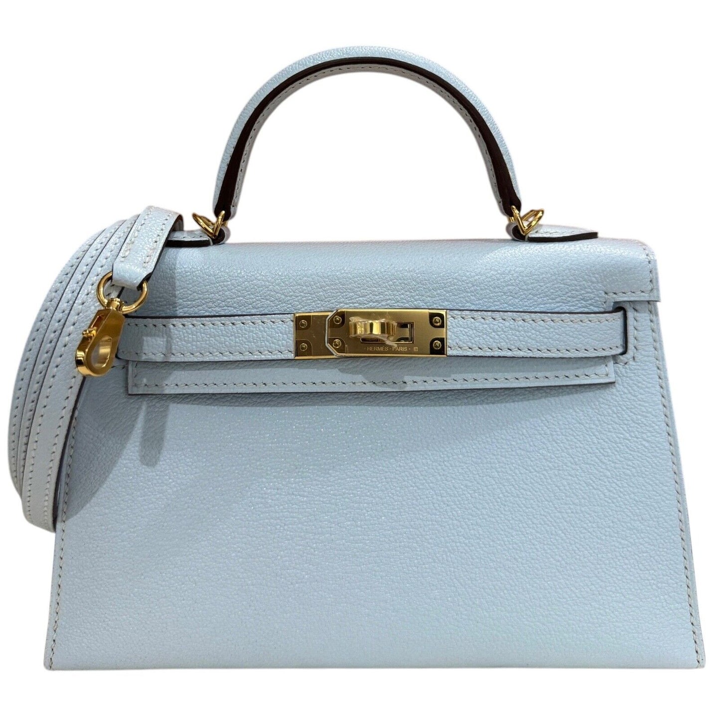 Hermes Kelly Mini 20 Bleu Blue Brume Baby Blue Chèvre Leather Gold Hardware RARE