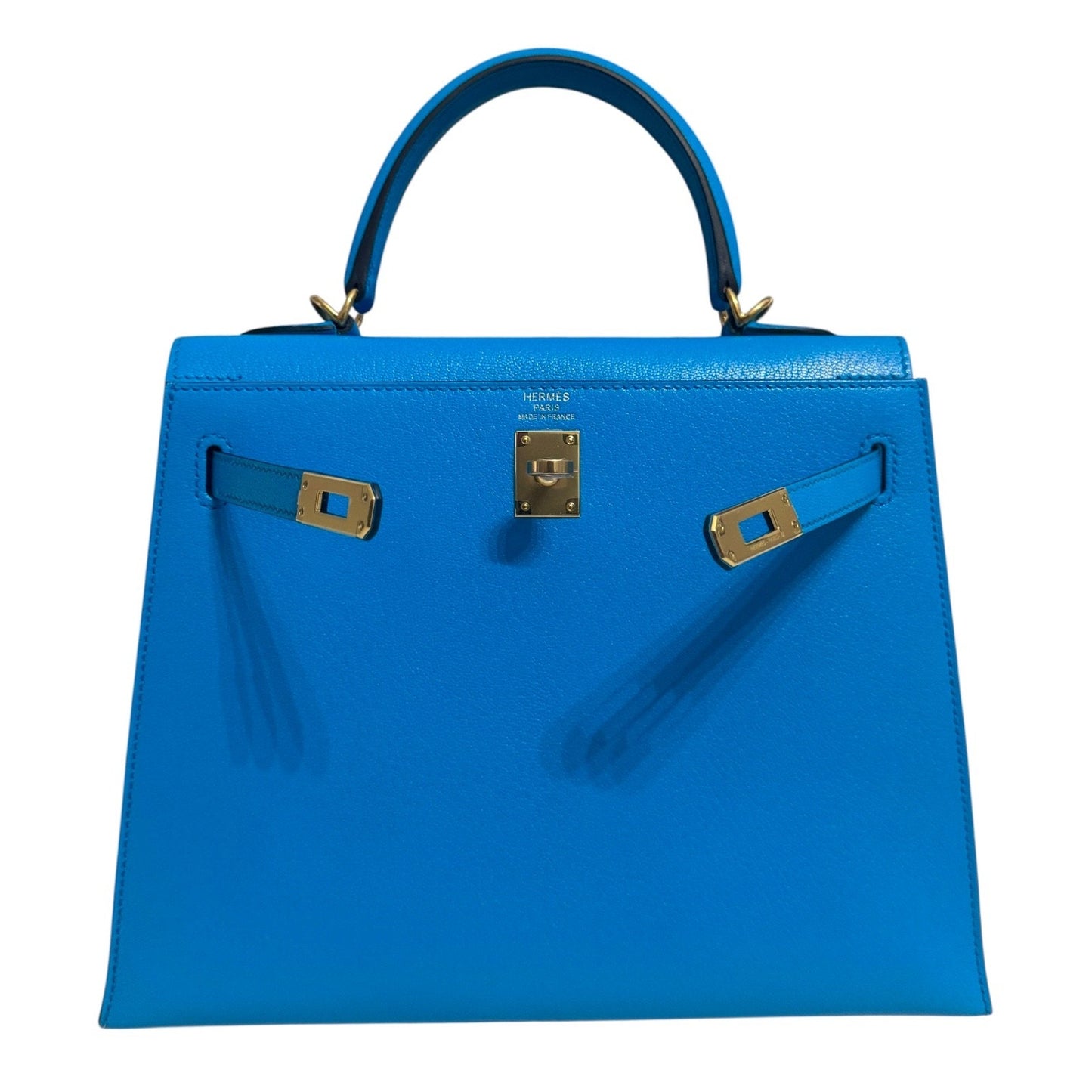 Hermes Kelly 25 Sellier Blue Frida Bleu Chevre Chamkila Leather Gold Hardware