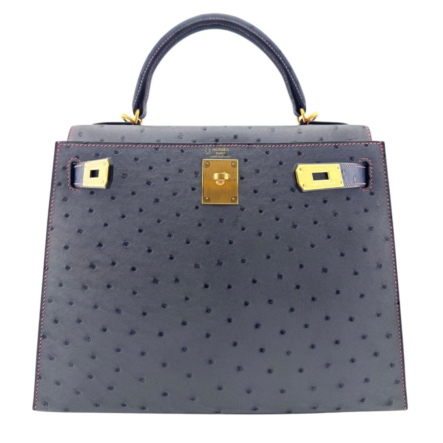 Hermes Kelly 28 Sellier Ostrich Special Order Gris Mouette Blue Sapphire Gold