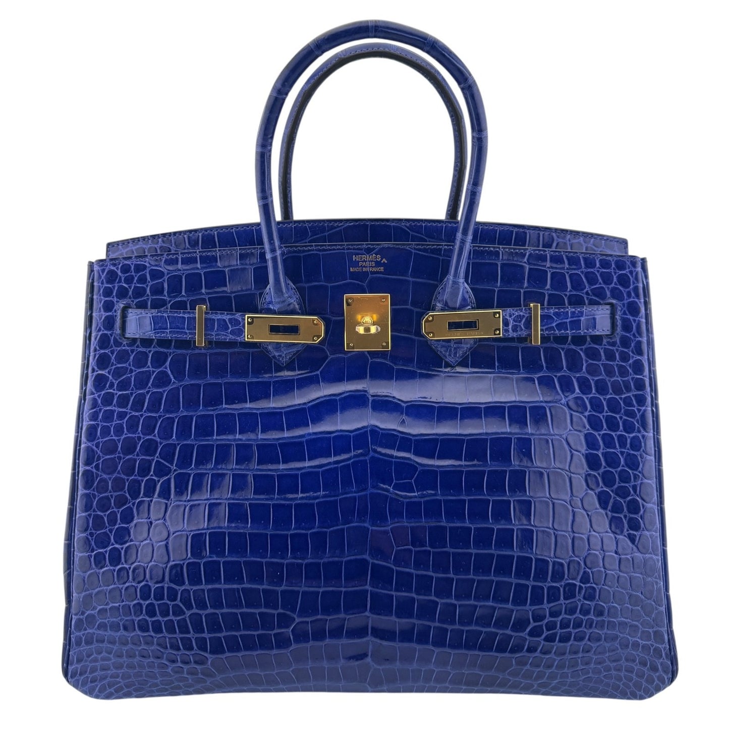 Hermes Birkin 35 Blue Electric Shinny Porosus Crocodile Gold Hardware RARE