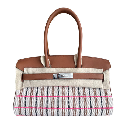 Hermes Birkin 29 Shoulder Gold Tan Toile Canvas Beige Rose Pop Black Palladium