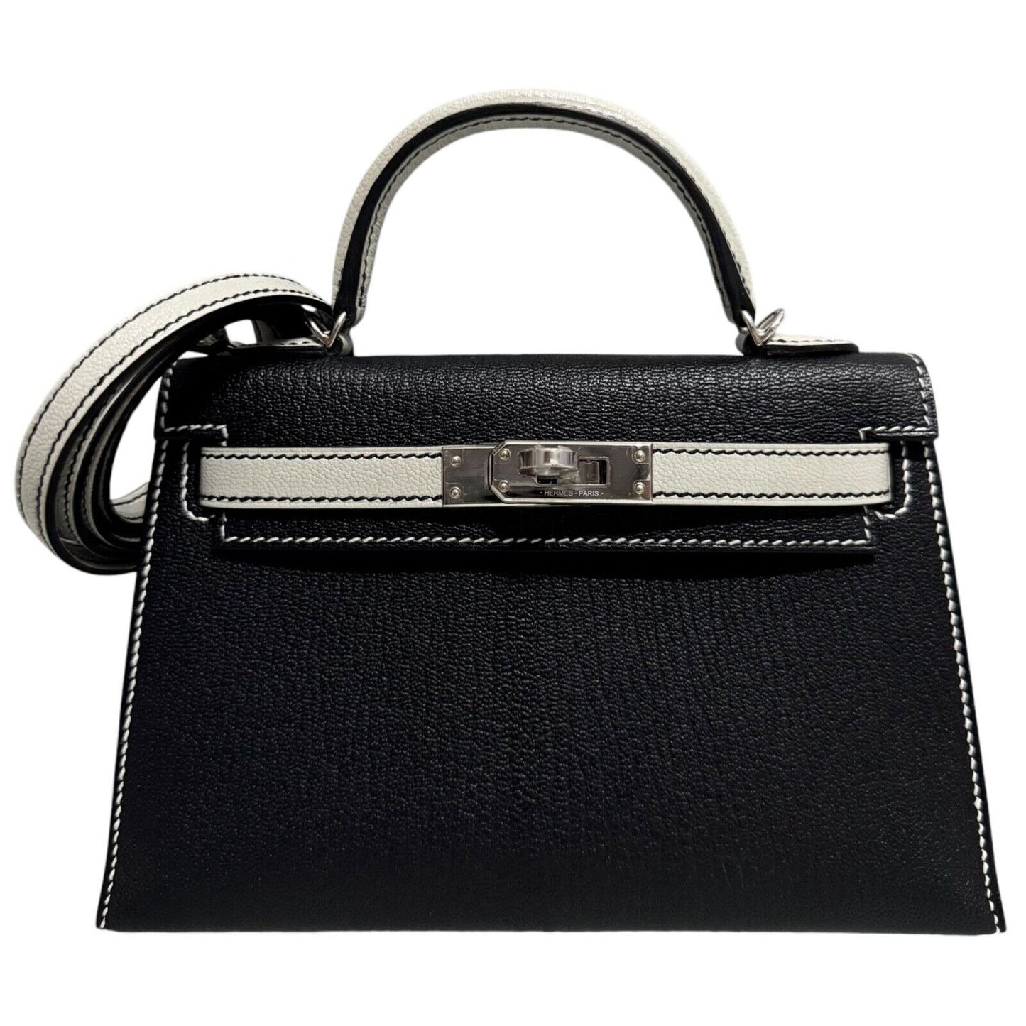Hermes Kelly Mini 20 Special Order Black Gris Perle Gray Chèvre Leather Palladium Hardware