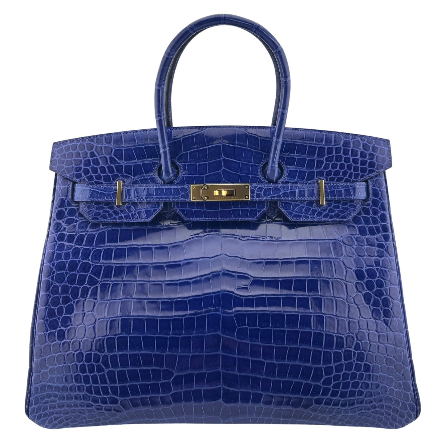 Hermes Birkin 35 Blue Electric Shinny Porosus Crocodile Gold Hardware RARE
