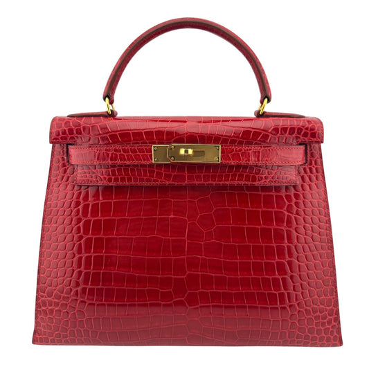 Hermes Kelly 28 Sellier Braise Red Porosus Crocodile Leather Gold Hardware