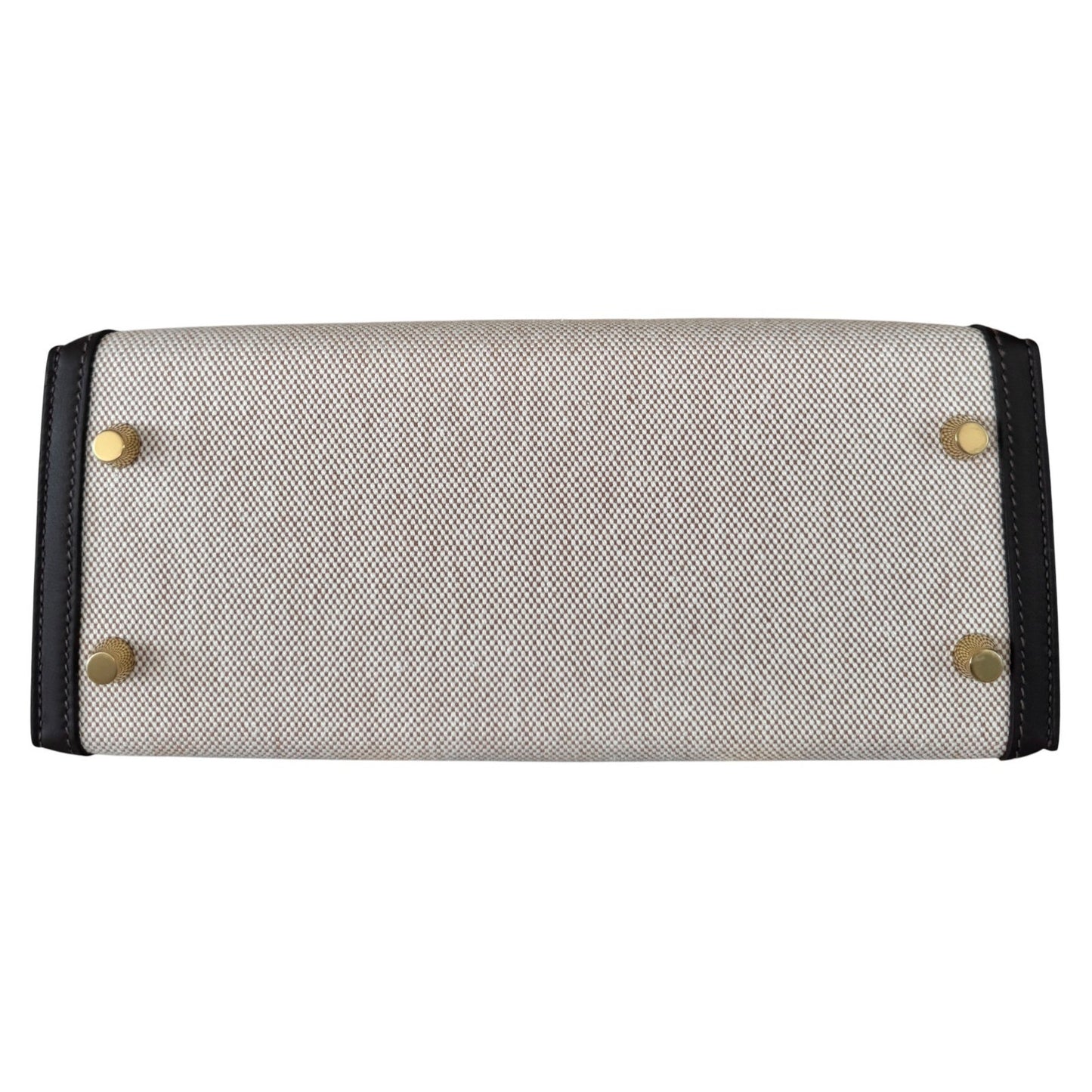 NEW Hermes Kelly 25 Bai Brun Brown Leather Toile Ecru Beige Toile Gold Hardware