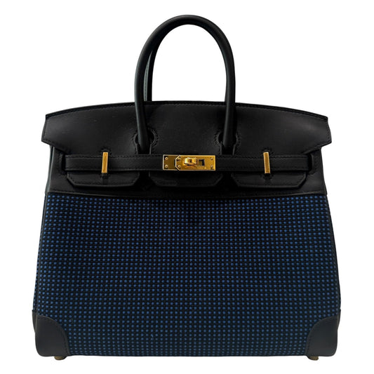 Hermes Birkin 25 Quadrille Black Noir Leather Blue Egee Toile Gold Hardware RARE