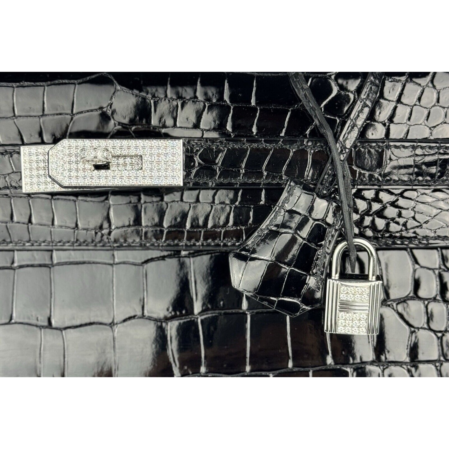 Hermes Kelly 35 Diamond Black Shinny Porosus Crocodile 18k White Gold Hardware