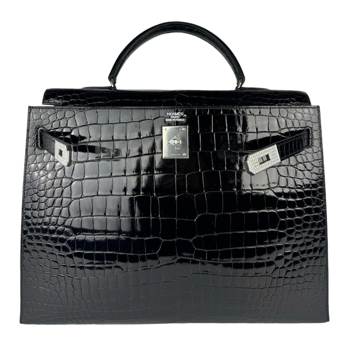 Hermes Kelly 35 Diamond Black Shinny Porosus Crocodile 18k White Gold Hardware