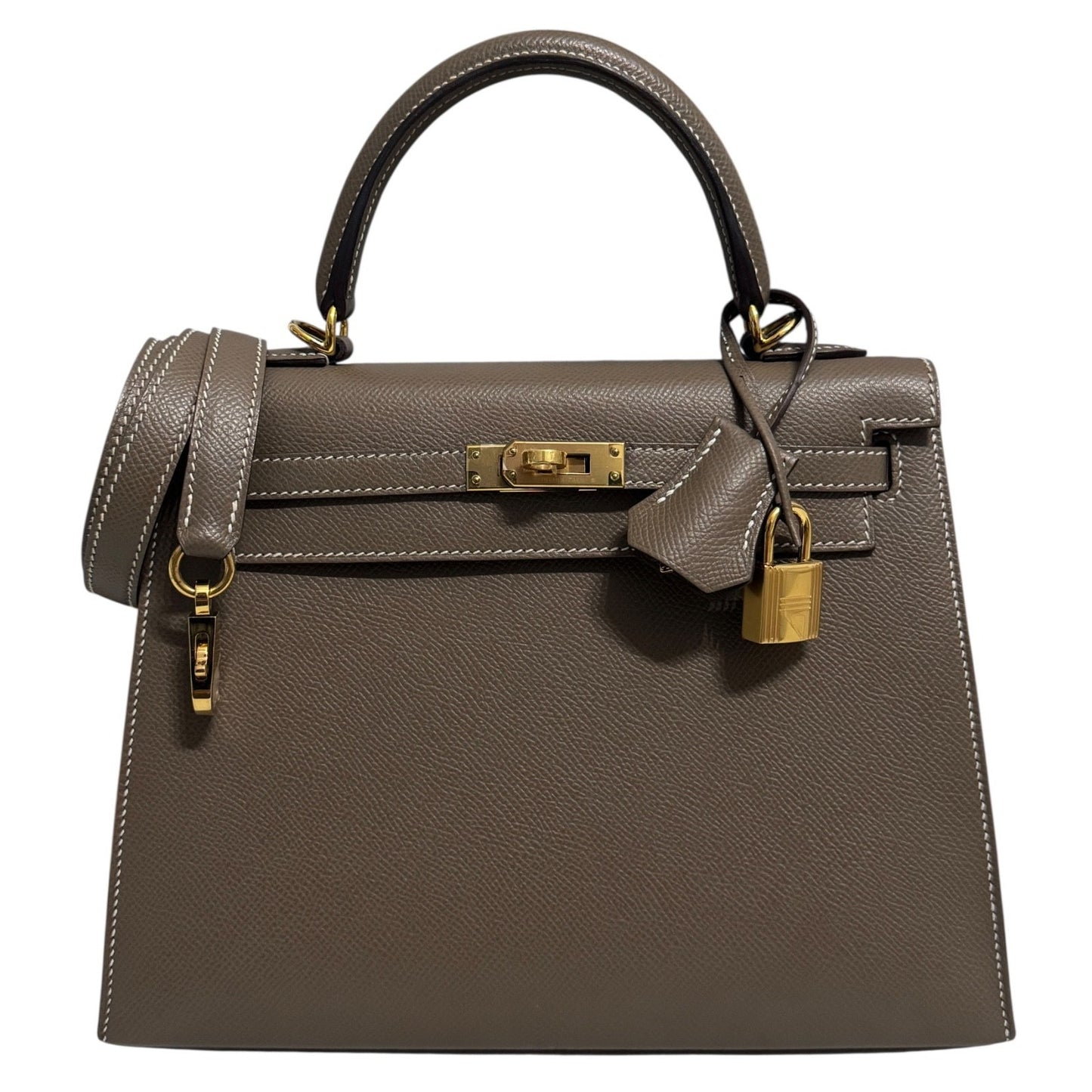 Hermes Kelly 25 Sellier Etoupe Gray Gris Epsom Leather Gold Hardware