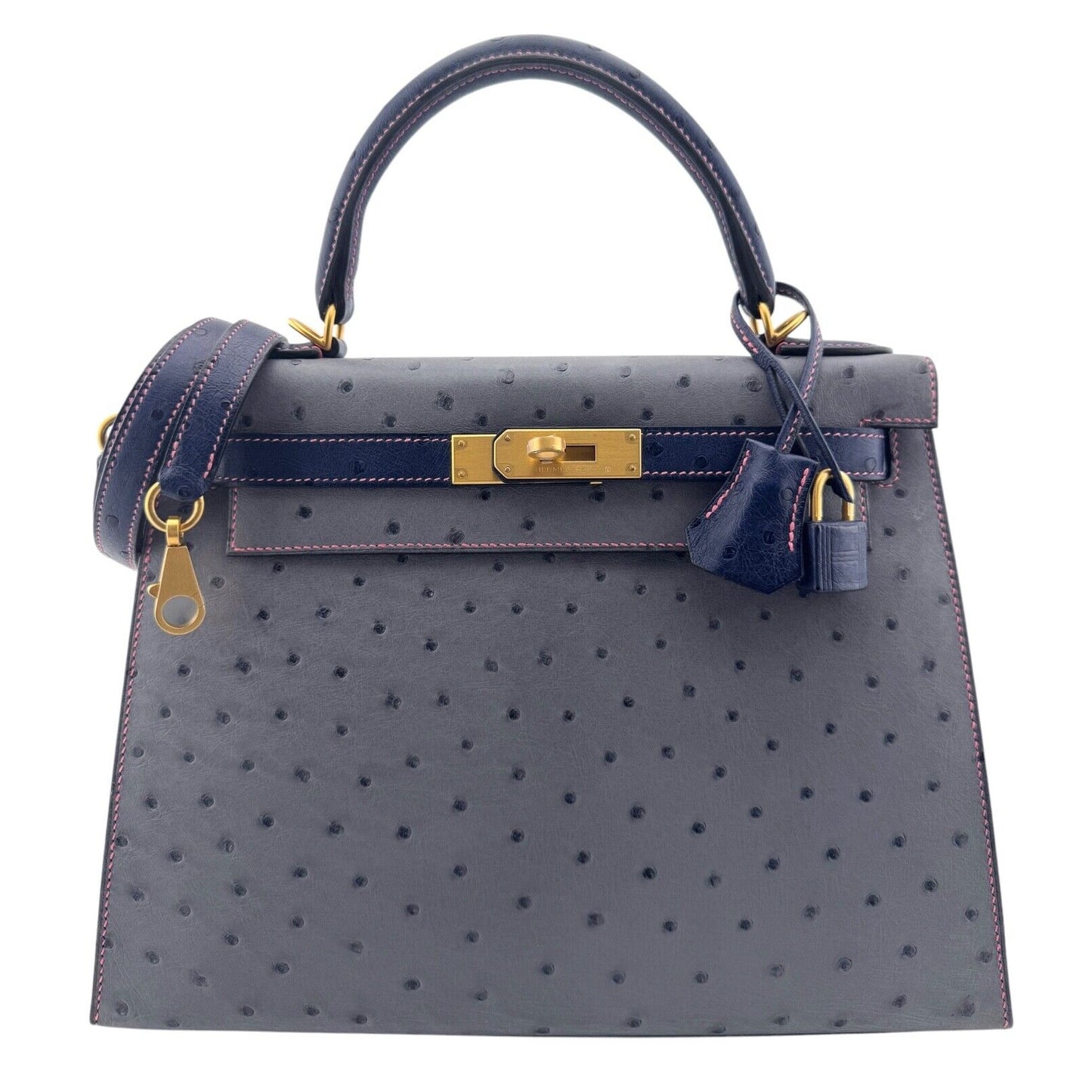 Hermes Kelly 28 Sellier Ostrich Special Order Gris Mouette Blue Sapphire Gold