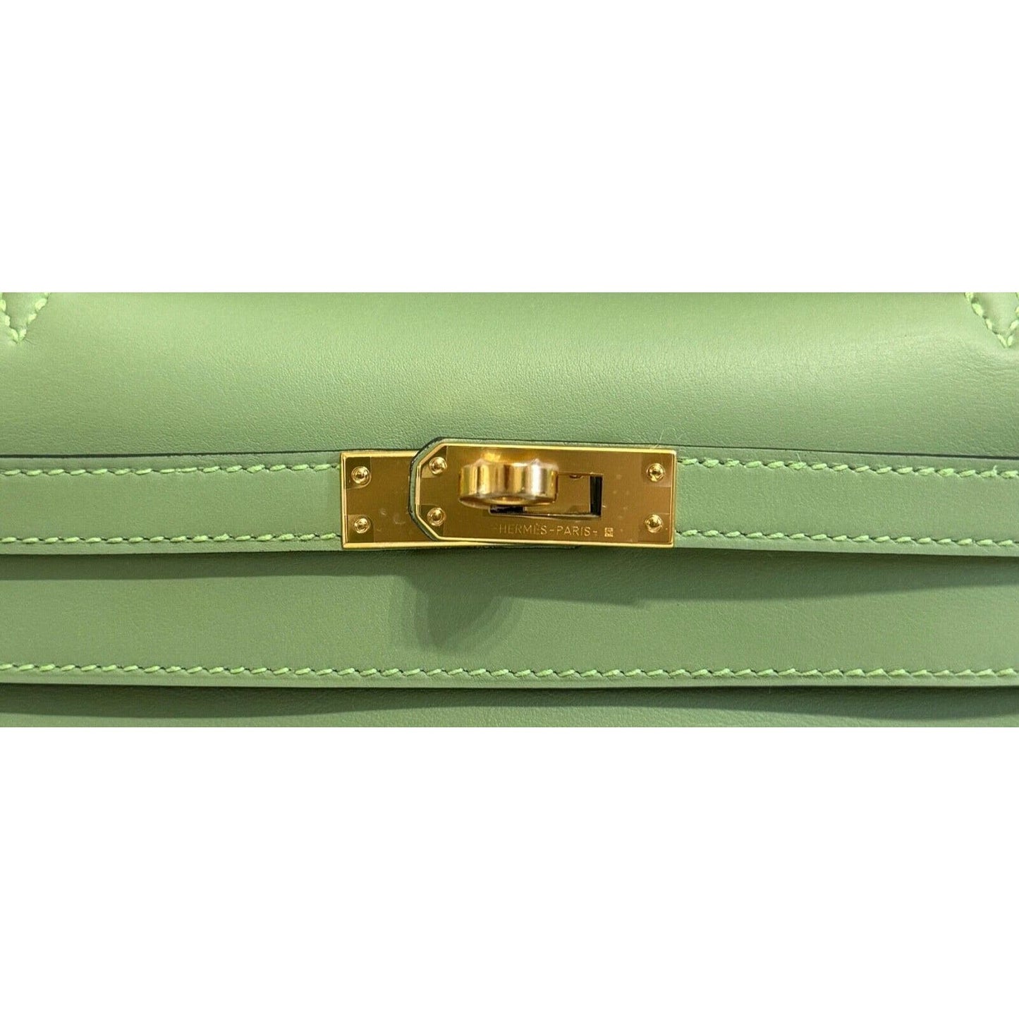 Brand New Hermes Kelly Pochette Vert Criquet Green Bag Palladium Hardware Clutch