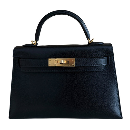 Hermes Kelly Mini 20 Black Noir Chevre Coromandel Leather Gold Hardware