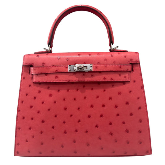 Hermes Kelly 25 Sellier Bougainvillea Pink Ostrich Leather Palladium Hardware