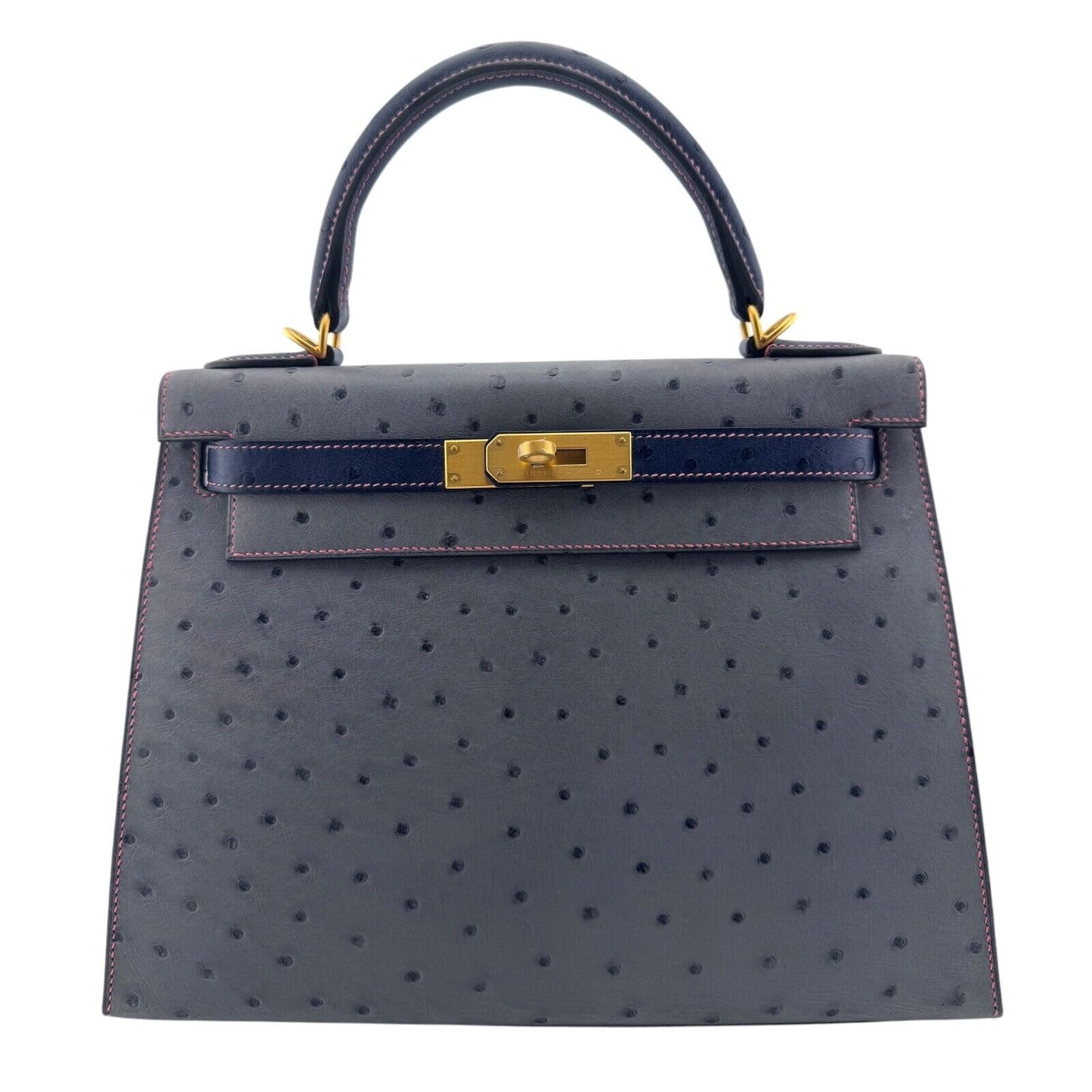 Hermes Kelly 28 Sellier Ostrich Special Order Gris Mouette Blue Sapphire Gold