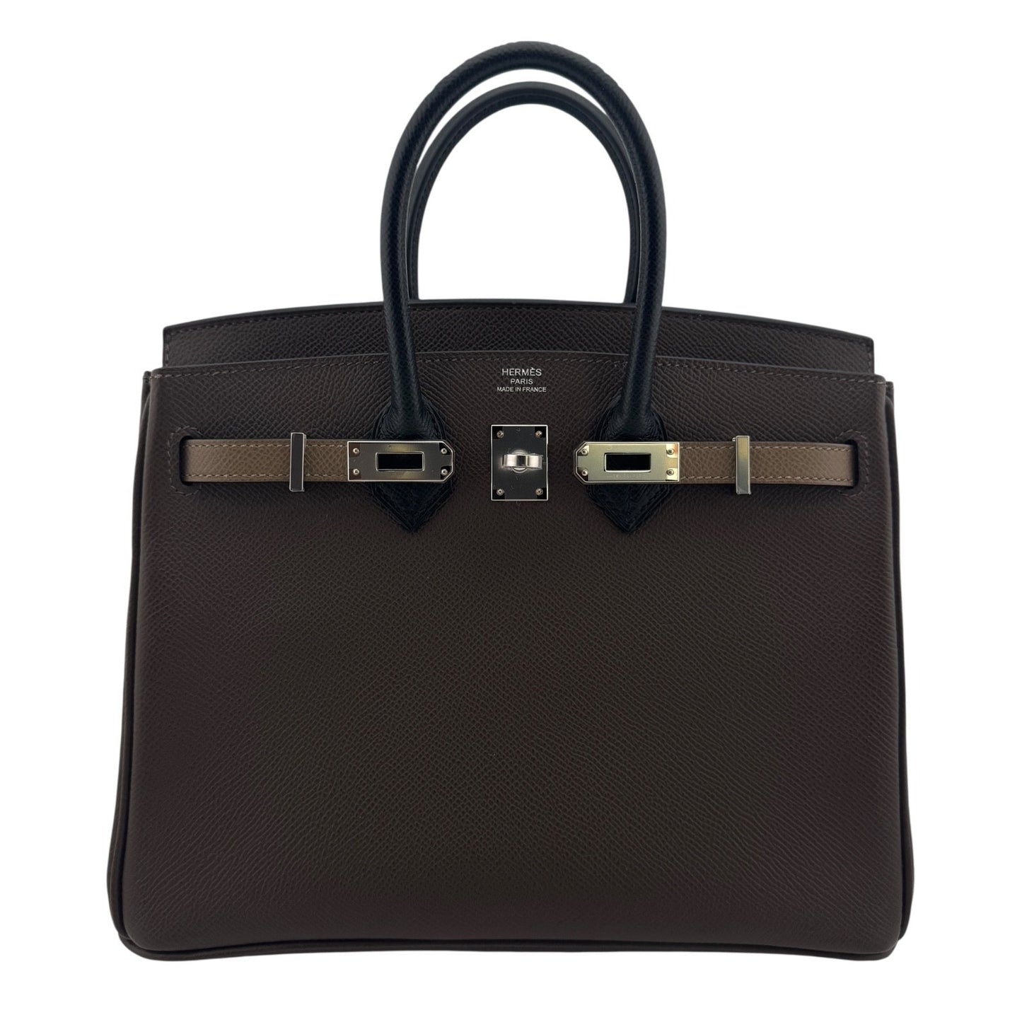 Hermes Birkin 25 Tri Color Ecorce Etoupe Black Epsom Leather Palladium Hardware