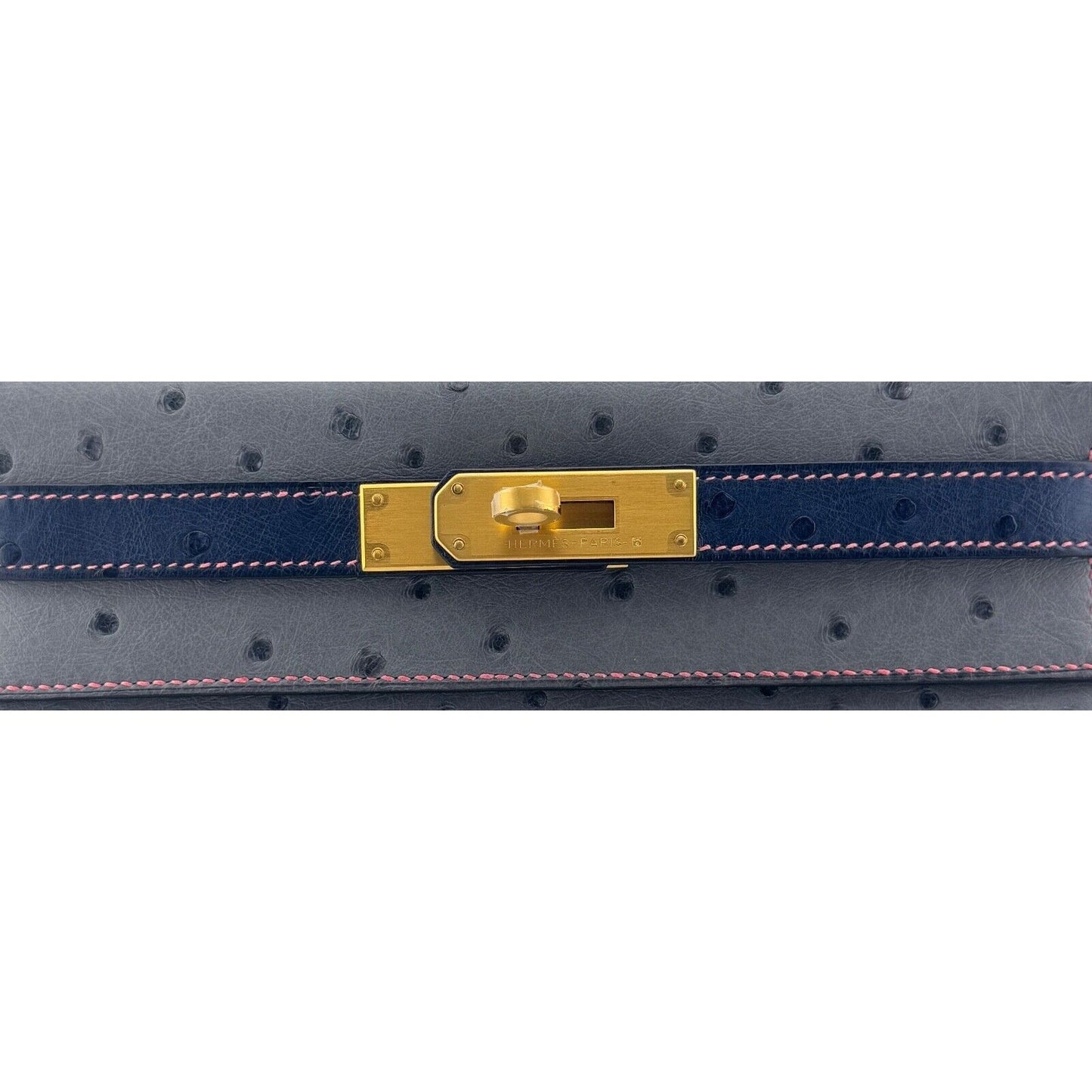 Hermes Kelly 28 Sellier Ostrich Special Order Gris Mouette Blue Sapphire Gold