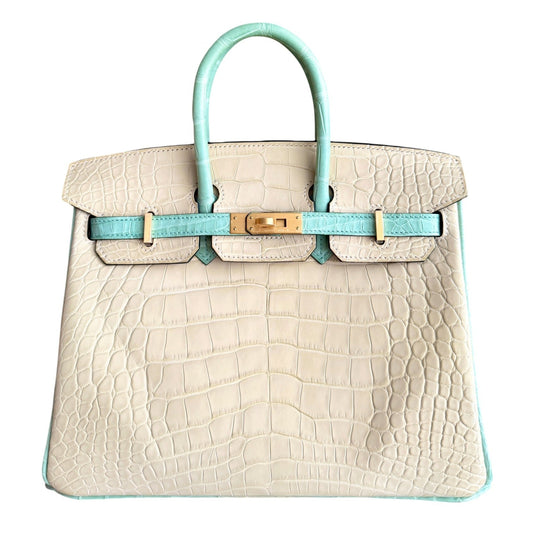 Hermes Birkin 25 Special Order Matte Alligator Vanille & Vert D'eau Brushed Gold