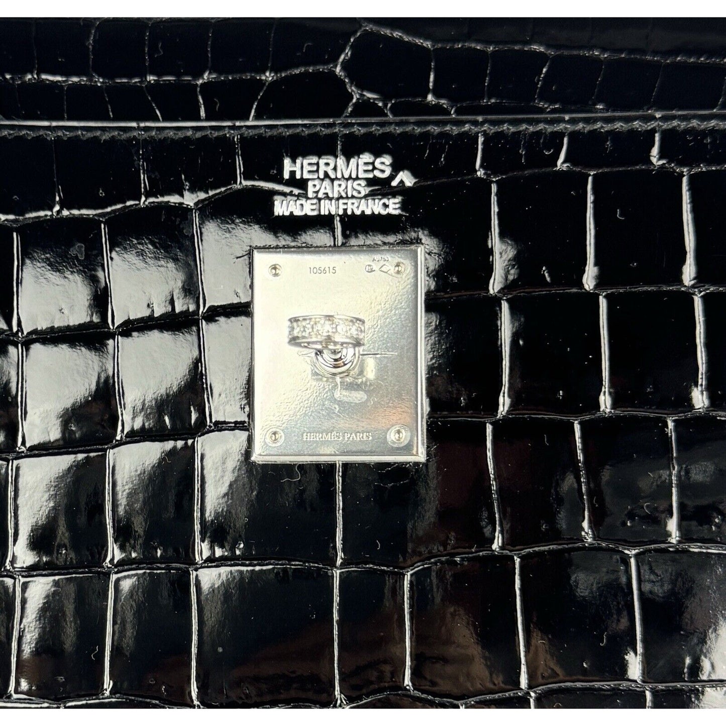 Hermes Kelly 35 Diamond Black Shinny Porosus Crocodile 18k White Gold Hardware