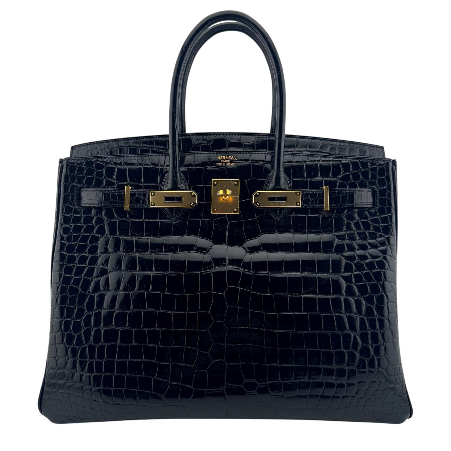 Hermes Birkin 35 Black Noir Shinny Porosus Crocodile Gold Hardware RARE
