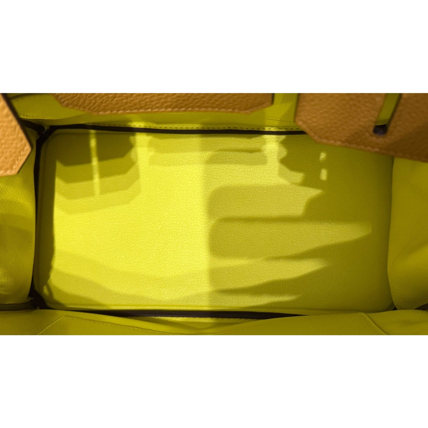 Hermes Birkin 30 Verso Caramel Tan Togo Lime Yellow Leather Palladium Hardware