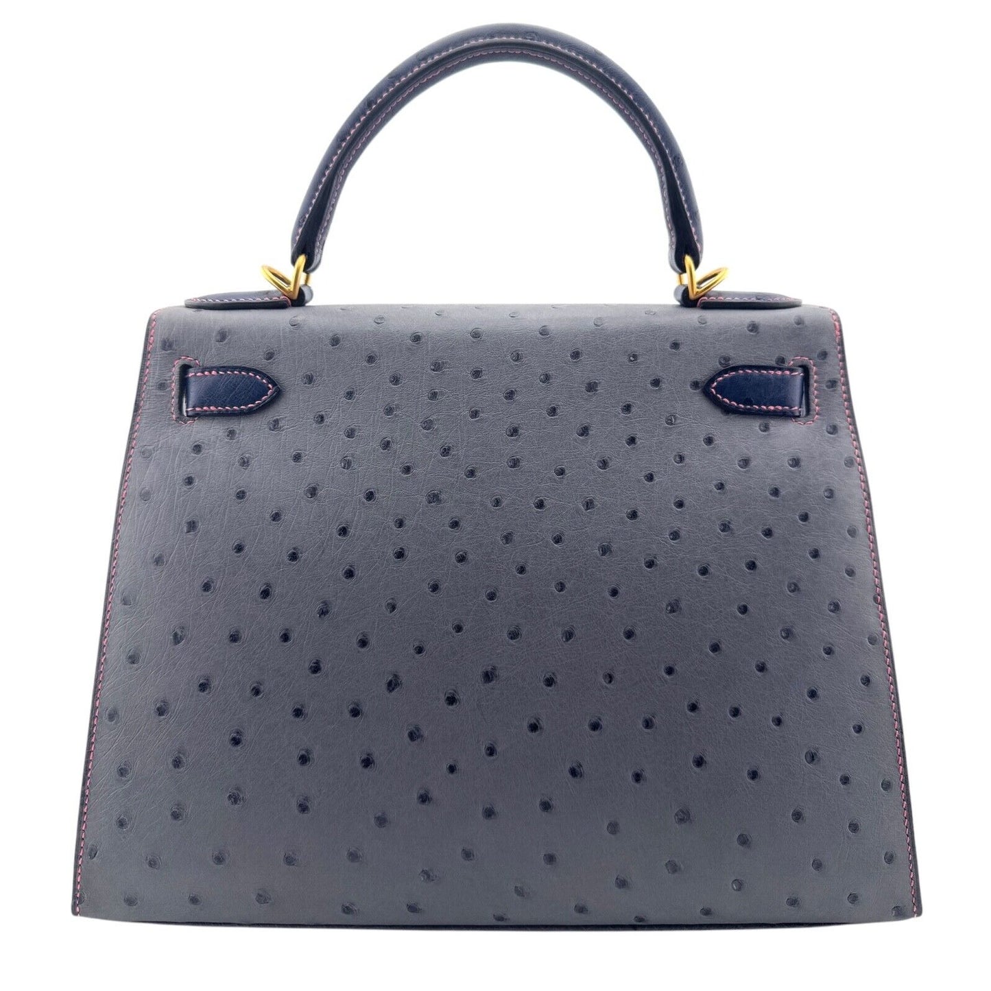 Hermes Kelly 28 Sellier Ostrich Special Order Gris Mouette Blue Sapphire Gold