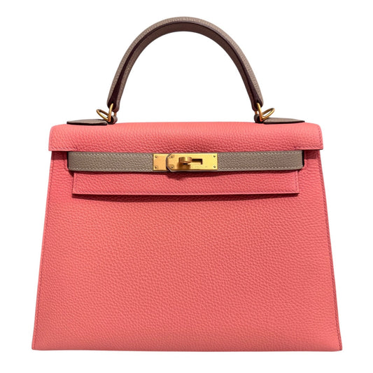 Hermes Kelly 28 Sellier Special Order Pink Rose Lipstick Gris Tourterelle Togo Leather Brushed Gold Hardware