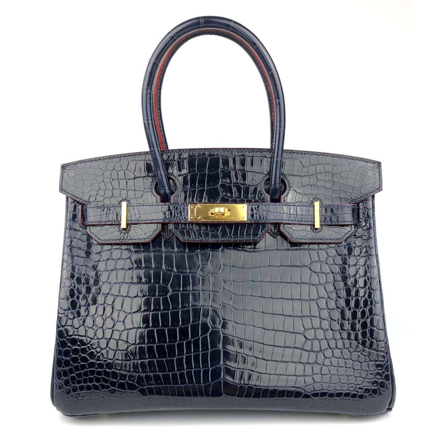 Hermes Birkin 30 Blue Marine Rouge H Contour Porosus Crocodile Gold Hardware