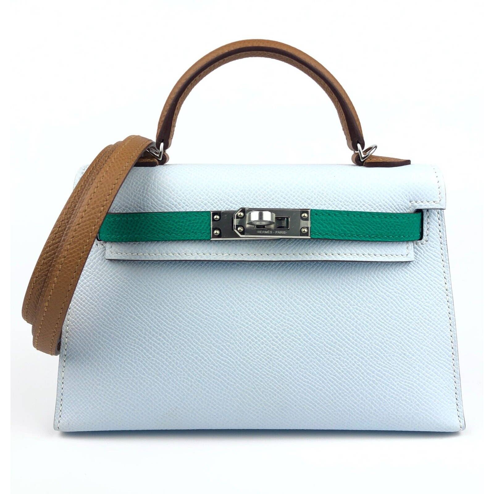 Hermès Mini Kelly Sellier 20 Top Handle Bag In Bleu Brume, Vert Jade And  Gold Epsom Leather With Palladium Hardware in Blue