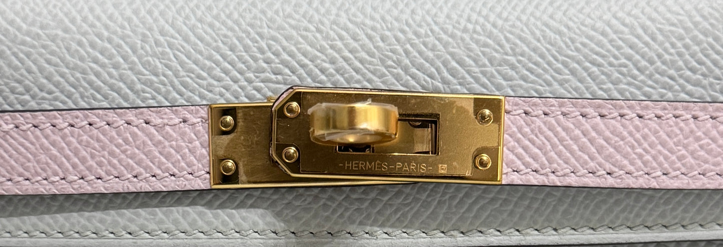 Hermes Mini Kelly Tri Color Gris Patine Mauve Pale and Vert Moyen Epsom Gold Hardware