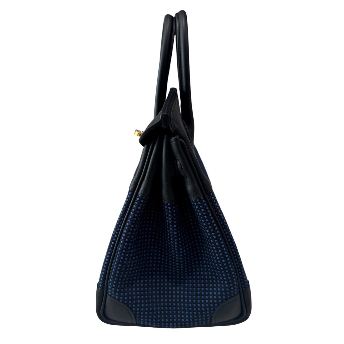 Hermes Birkin 25 Quadrille Black Noir Leather Blue Egee Toile Gold Hardware RARE