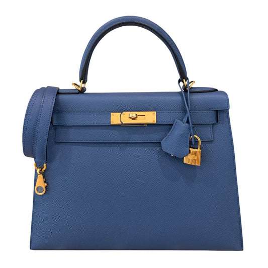 Hermes Kelly 28 Sellier Blue Bleu Agate Epsom Leather Gold Hardware RARE