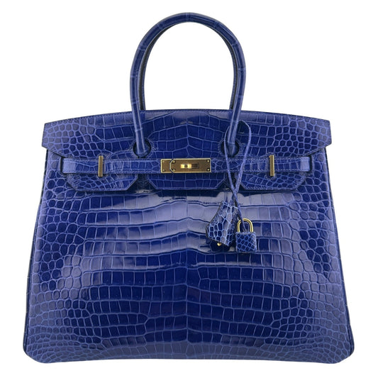 Hermes Birkin 35 Blue Electric Shinny Porosus Crocodile Gold Hardware RARE