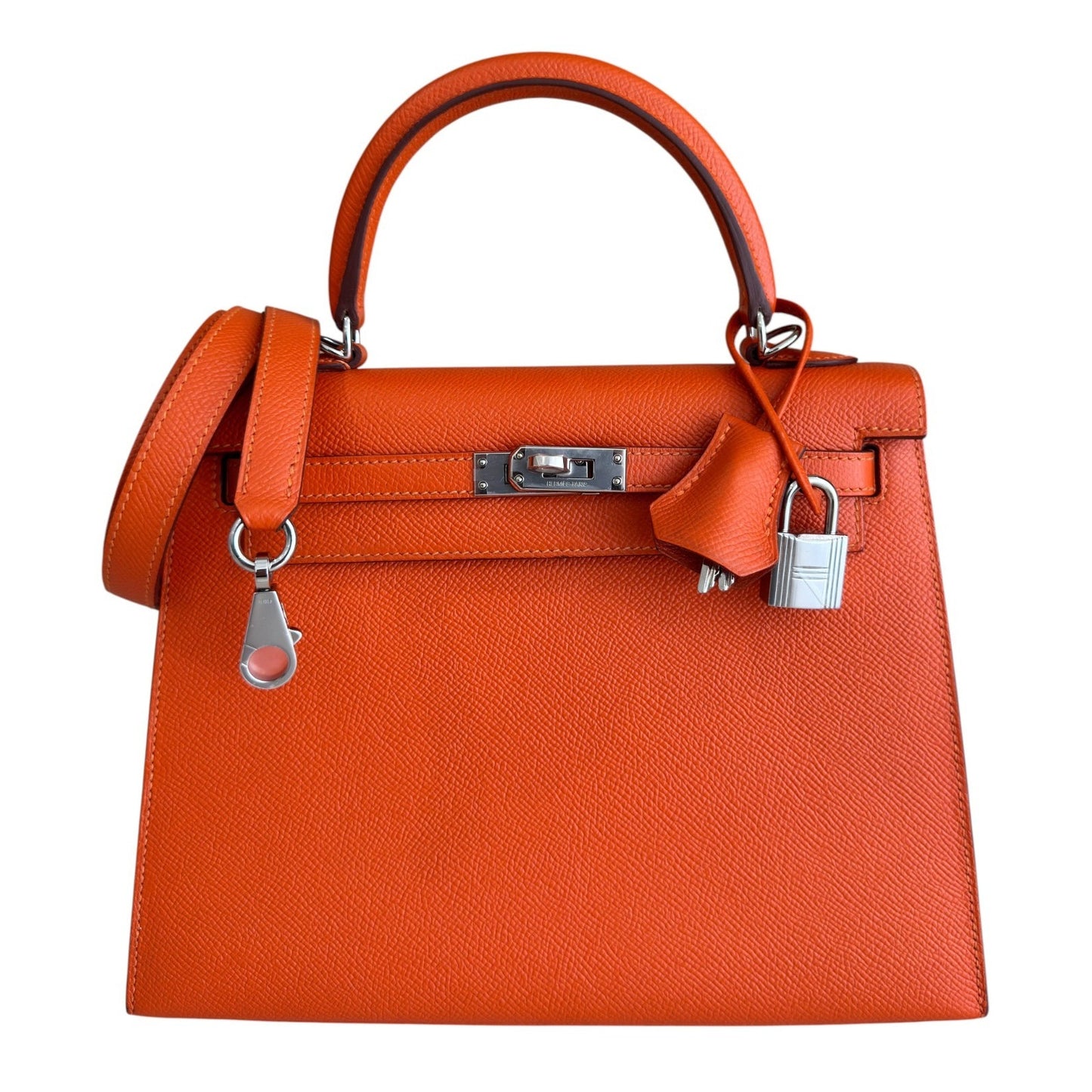Hermes Kelly 25 Sellier Feu Orange Epsom Leather Palladium Hardware RARE