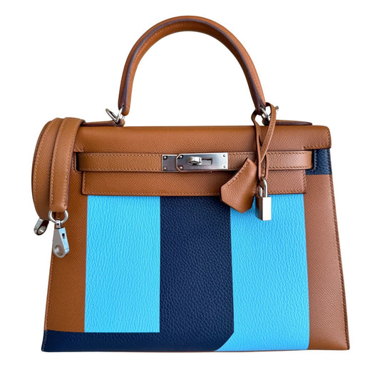 Hermes Kelly 28 Sellier Limited Kellygraphie Gold, Blue Celeste, Indigo Epsom